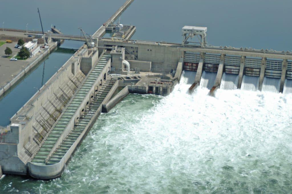 Water rushing through the open spillway gates of a dam