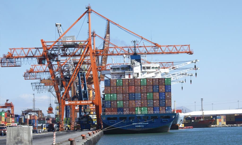 Container port with gantry cranes loading a cargo vessel